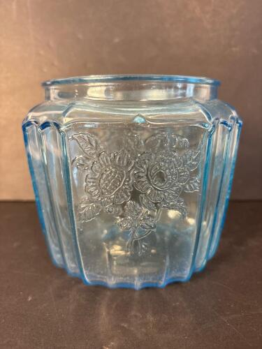 Blue Depression Glass Jar With Floral Embossing