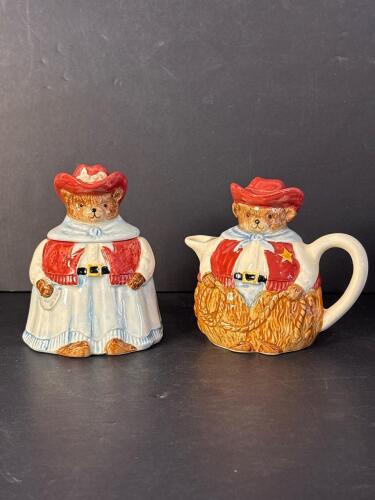 Pair of Otagiri Cowboy Bear Ceramic Sugar Bowl and Creamer