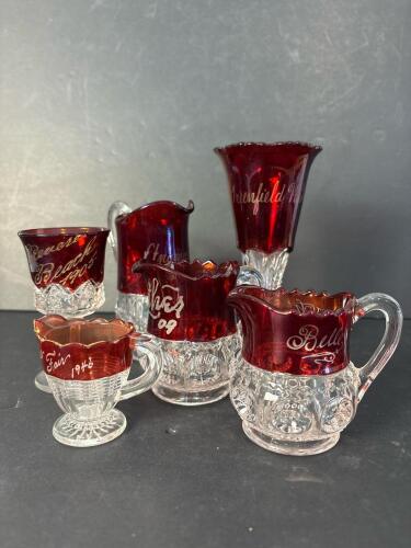 Six Antique Ruby Stained Souvenir Glasses and Creamers, Early 20th Century
