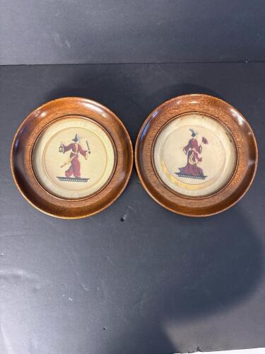 Pair of Small Framed Cross-Stitch Figures in Round Wood Frames