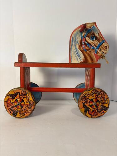 Vintage Wooden Ride-On Horse Toy with Circus Animal Wheels