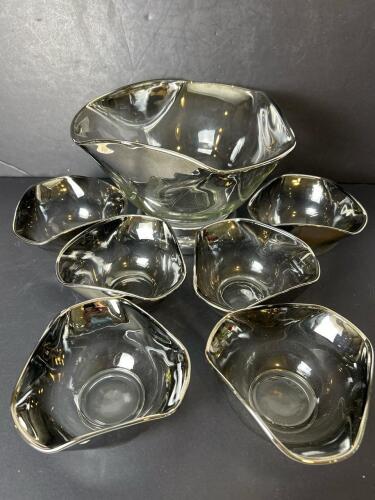 Clear Glass Bowl and Six Matching Dishes with Silver Trim