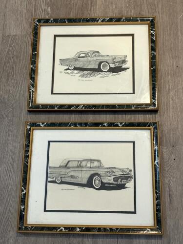 Pair of Framed 1957 and 1959 Ford Thunderbird Car Drawings