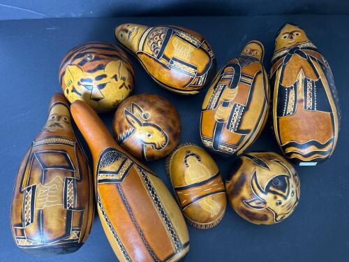 Hand-Carved Peruvian Gourd Figurines and Decorative Bowls