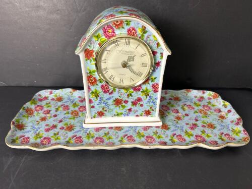 Formalities by Baum Bros Floral Mantel Clock and Tray