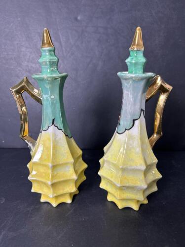Pair of Japanese Art Deco-Style Porcelain Ewers with Floral Motif