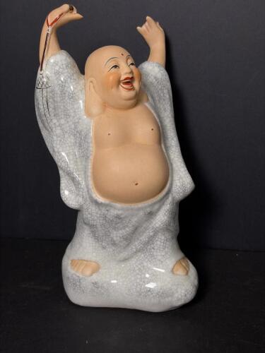 Porcelain Laughing Buddha Figurine in Crackle-Glaze Robe