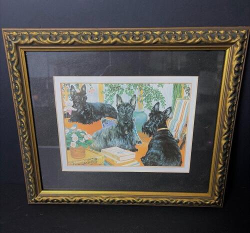 10x12 Framed Print of Three Scottie Dogs in Gilt Ornate Frame