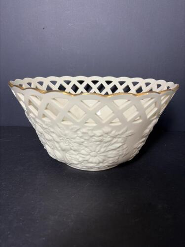 Lenox Porcelain Reticulated Bowl with Floral Relief and Gold Rim