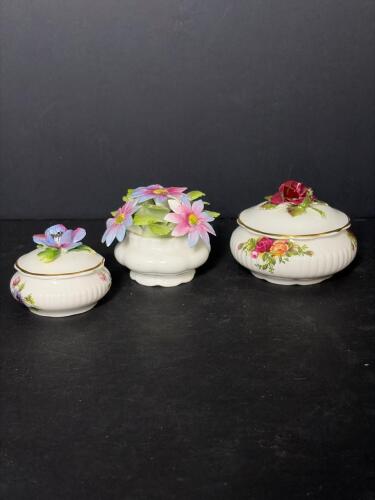 Three Minatare Royal Albert Bone China Flower Trinket Boxes