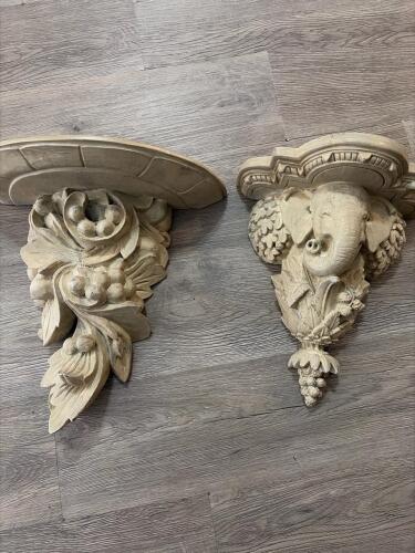 Ornate Carved Wall Shelves with Elephant and Floral Motifs