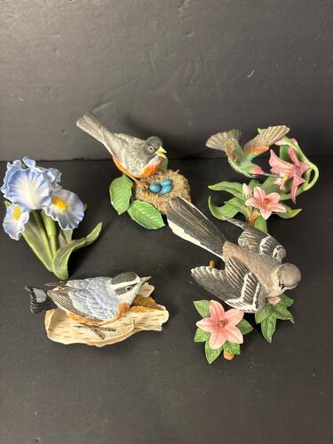 Five Lenox Fine Porcelain Bird and Flower Figurines, 1989
