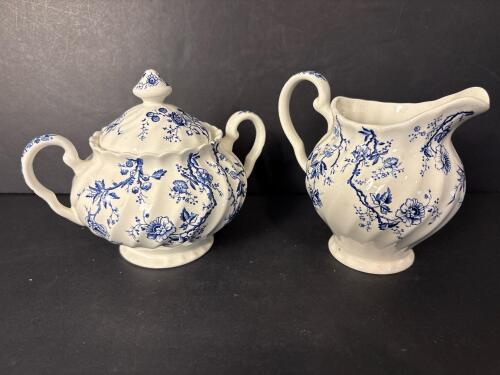 Blue and White Floral Sugar Bowl and Creamer Set, English-Style
