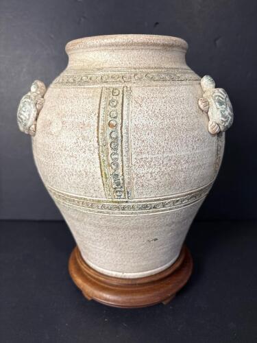 Decorative Stoneware Vase with Turtle Motif and Wooden Stand
