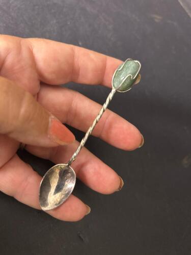 Decorative Small Silver Toned Spoon with Twisted Handle and Green Stone