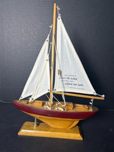 Small Wooden Sailboat Model with Quote on Sail
