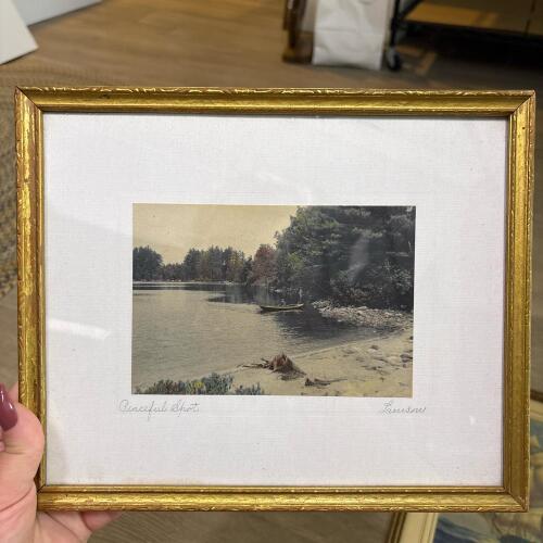 Vintage Lake Scene Art in Gold-Toned Frame, 11"x9"