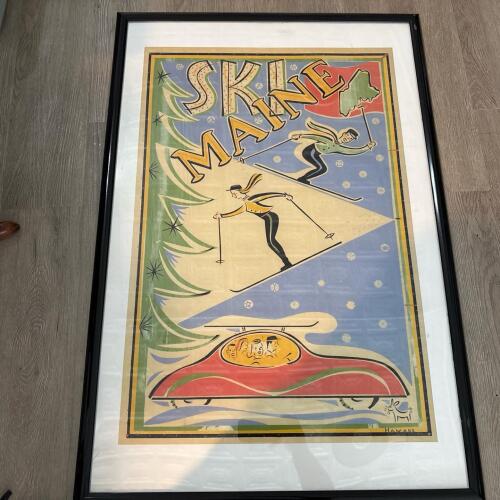 Framed "Ski Maine" Art Deco Style Poster, 25"x37"