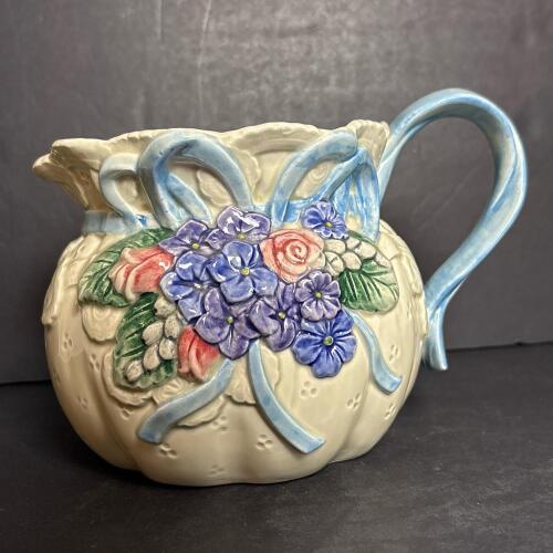 Fitz and Floyd Floral Embossed Ceramic Pitcher