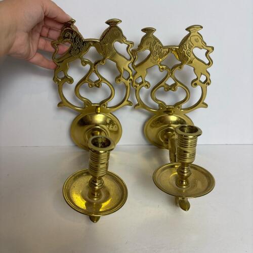 Pair of Brass Horse Motif Wall Candle Sconces