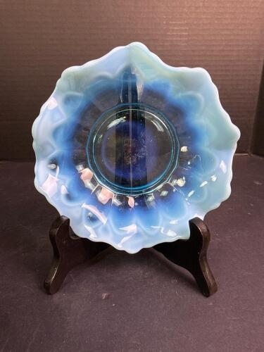 Blue Opalescent Ruffled Glass Bowl