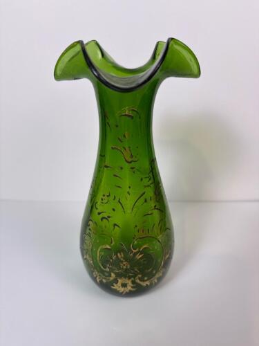 Green Glass Vase With Gold Floral Decoration