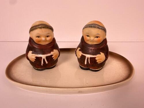 Monk Salt and Pepper Shakers with Tray