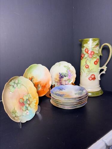 Hand Painted Floral Motif Porcelain Pitcher and Plates