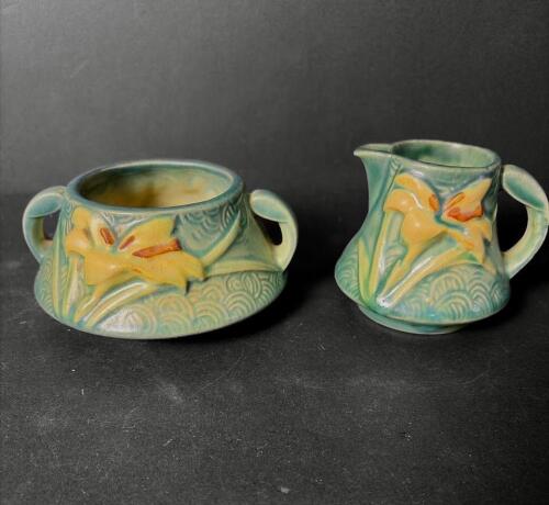 Roseville Pottery Creamer and Sugar in Floral Motif