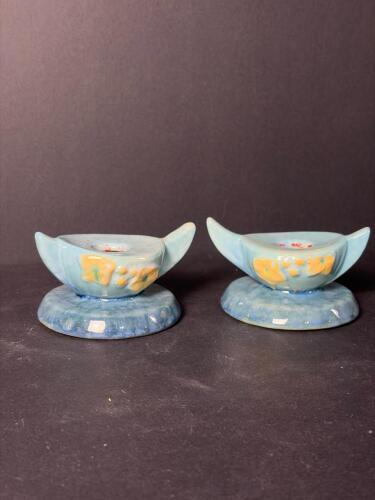 Small Pair of Roseville-Style Blue Matte Glazed Pottery Candleholders