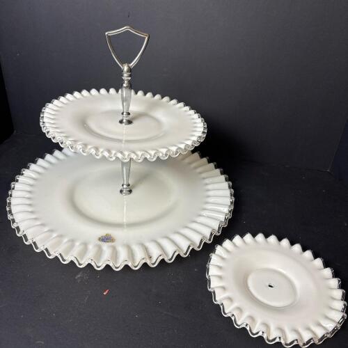 Fenton Ruffled Milk Glass Two-Tier Serving Tray