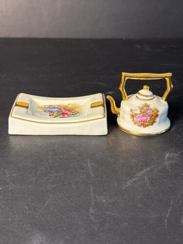 Limoges Porcelain Ashtray and Miniature Teapot with Gilt Trim