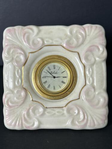 Small Belleek Ireland Porcelain Mantel Clock with Gilt Trim