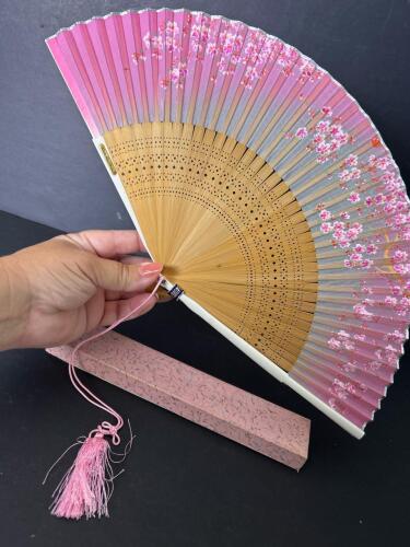 Pink Floral Bamboo Folding Hand Fan with Tassel in Box
