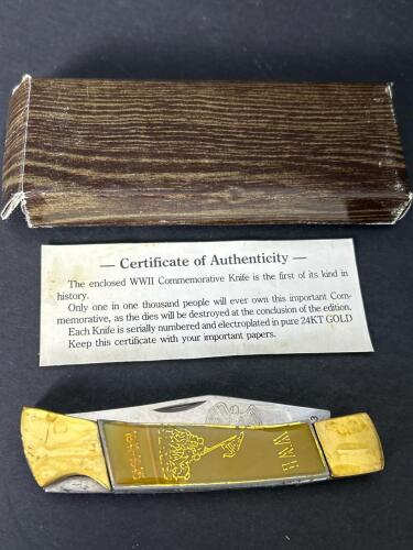 WWII Commemorative Folding Knife with 24KT Gold Electroplate