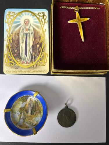 Religious Collectibles: Limoges Lourdes Ashtray, Medal, & Cross Necklace