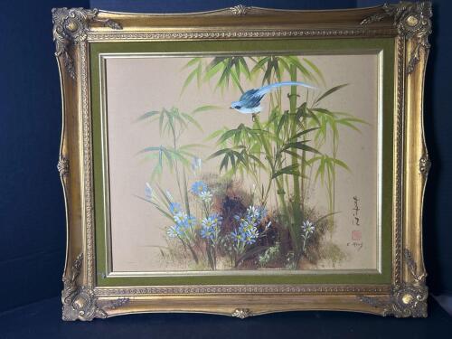 25.5&rdquo;x21.5&rdquo; Framed Oriental-Style Bird and Bamboo Wall Art, Signed C. Kong