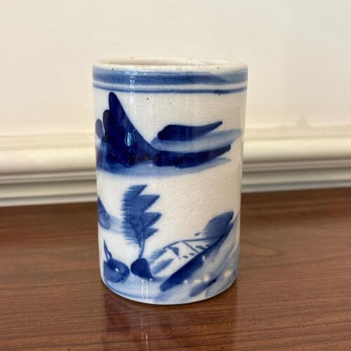 Vintage Blue and White Ceramic Brush Pot