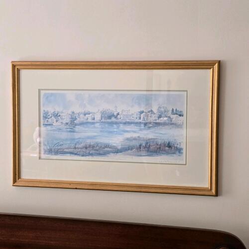 Framed Watercolor Print in the Manner of Jan Kilburn, Portsmouth NH Waterfront 26"x16"