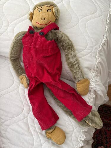 Vintage Plush Monkey Doll in Red Overalls