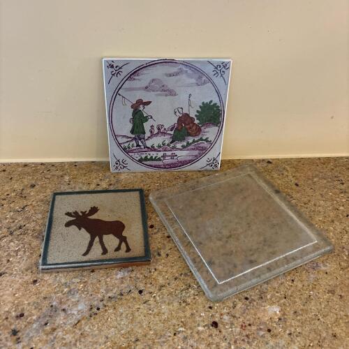 Trio of Decorative Tiles - Ceramic Moose, Pilkington, Clear Glass