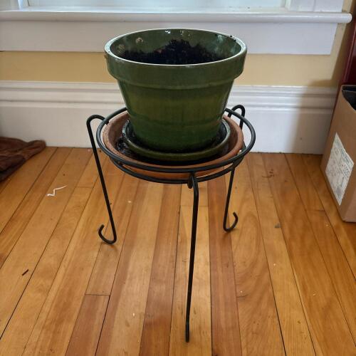 Glazed Ceramic Planter with Saucer and Metal Plant Stand