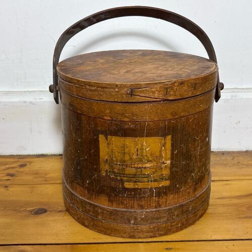 Vintage Wooden Firkin Bucket With Ship Decal