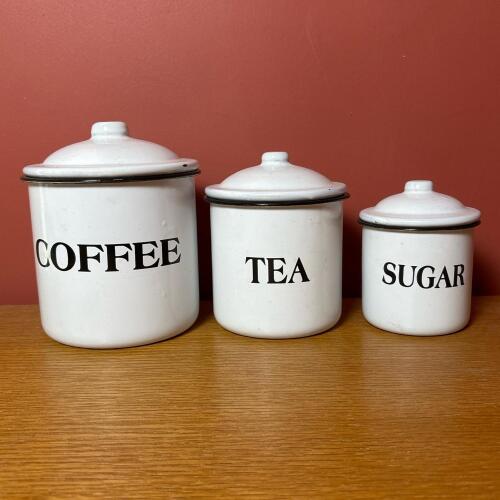 Vintage Enamel Coffee, Tea, and Sugar Canister Set