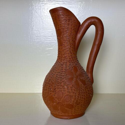 Terracotta Floral-Patterned Pitcher Vase with Handle