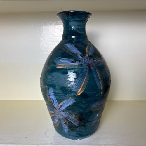 Handmade Blue Glazed Vase with Floral Motif