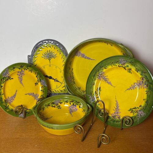 French Pottery Plates, Serving Bowls and Wall Clock