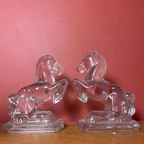 Pair of Clear Glass Horse Bookends