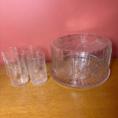 Vintage Pressed Glass Cake Dome With Matching Tumblers