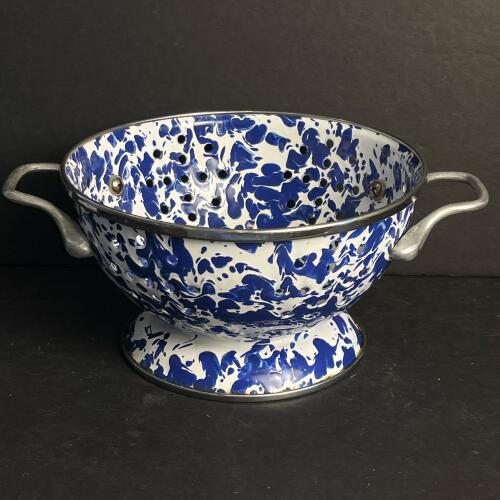 Blue and White Enamelware Colander with Handles